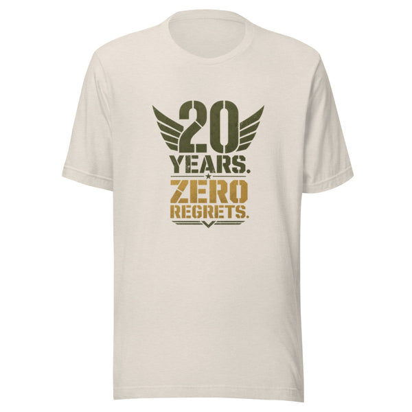 20 Years Zero Regrets T-Shirt in Heather Dust, front, Twenty & Out