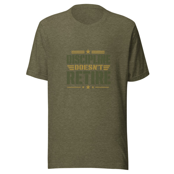 Discipline Doesn't Retire T-Shirt in Heather Olive, front, Twenty & Out