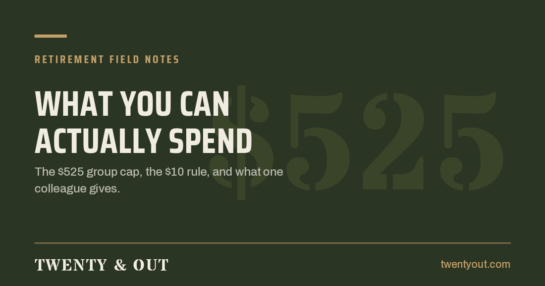 Twenty & Out Retirement Field Notes: what you can actually spend on a military retirement gift, the $525 group cap
