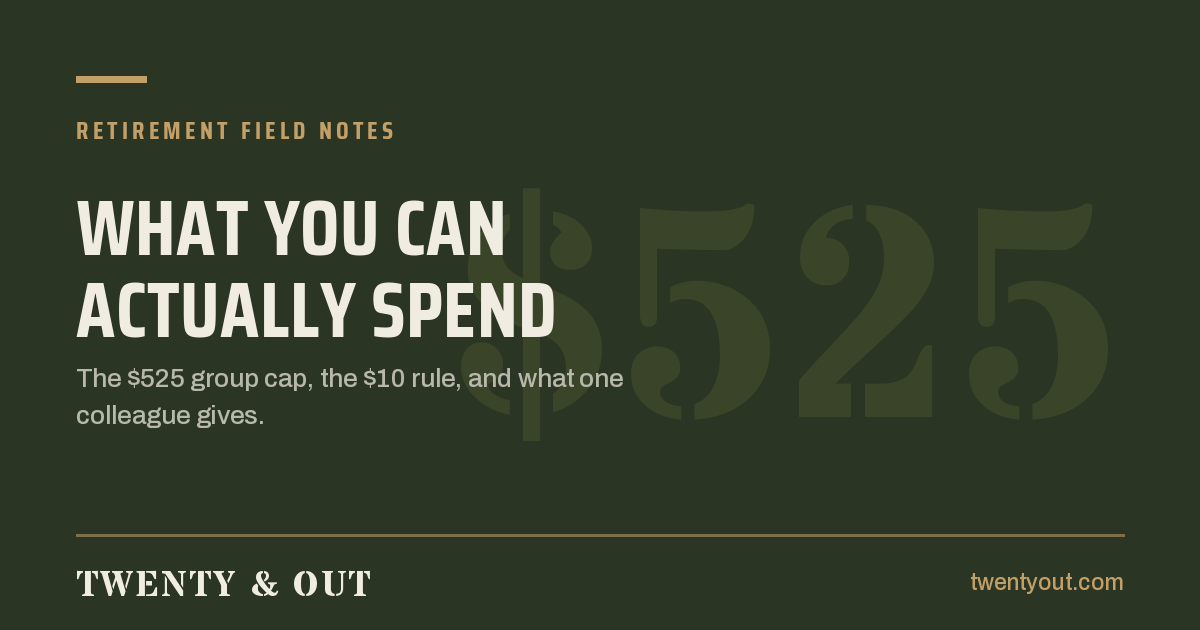 Twenty & Out Retirement Field Notes: what you can actually spend on a military retirement gift, the $525 group cap