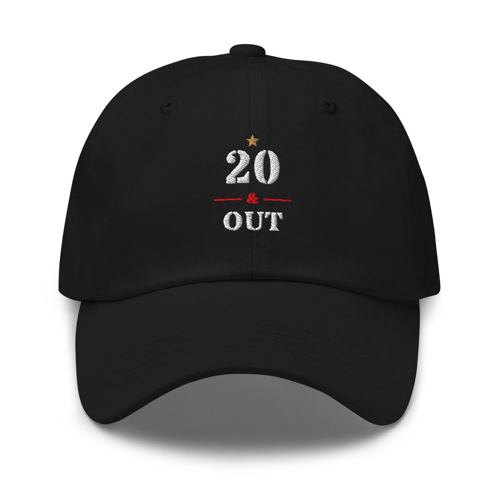 20 & Out Dark Dad hat in Black, front, Twenty & Out