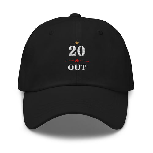 20 & Out Dark Dad hat in Black, front, Twenty & Out
