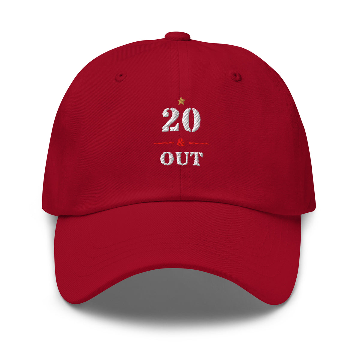 20 & Out Dark Dad hat in Cranberry, front, Twenty & Out