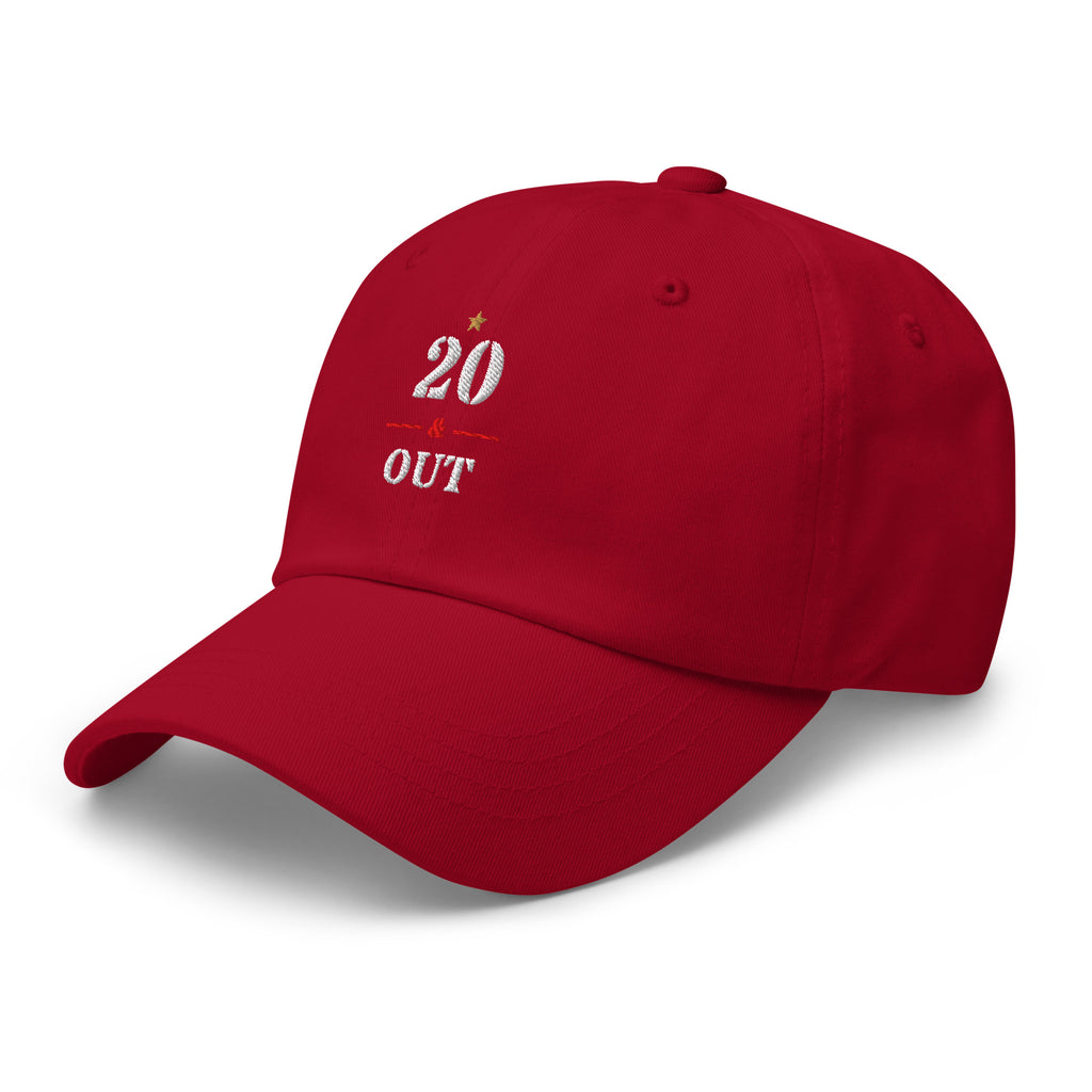 20 & Out Dark Dad hat in Cranberry, left front, Twenty & Out