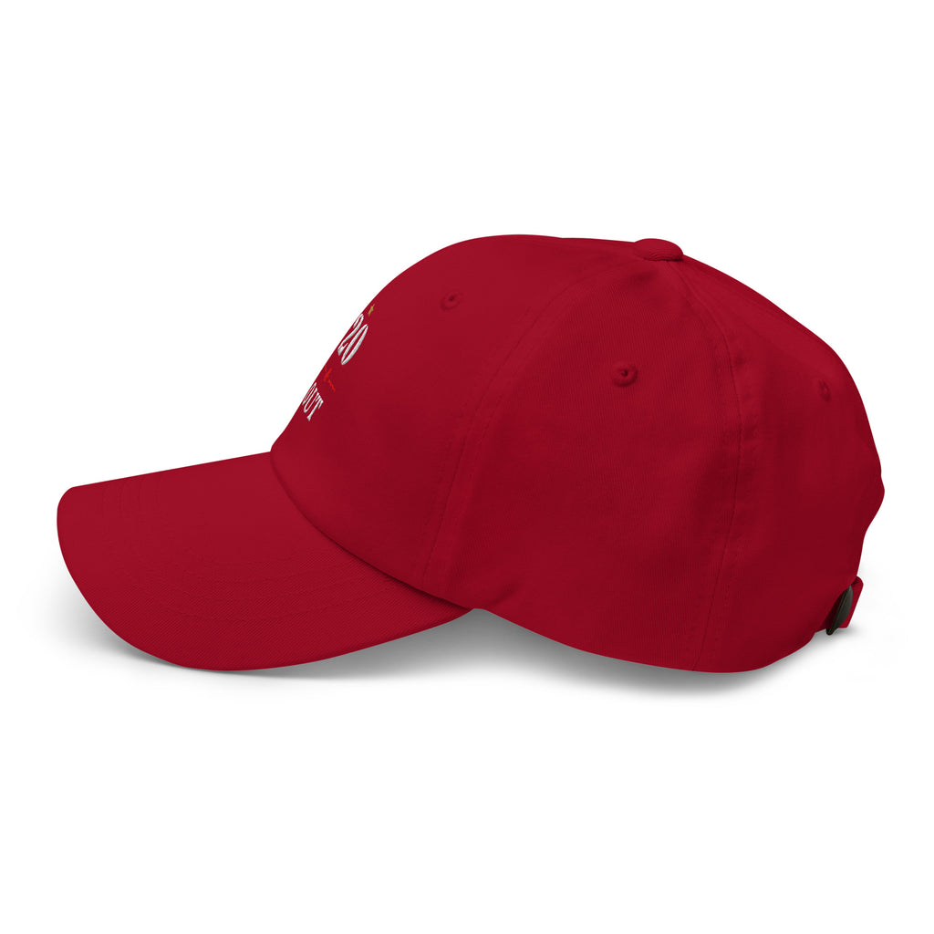 20 & Out Dark Dad hat in Cranberry, left side, Twenty & Out