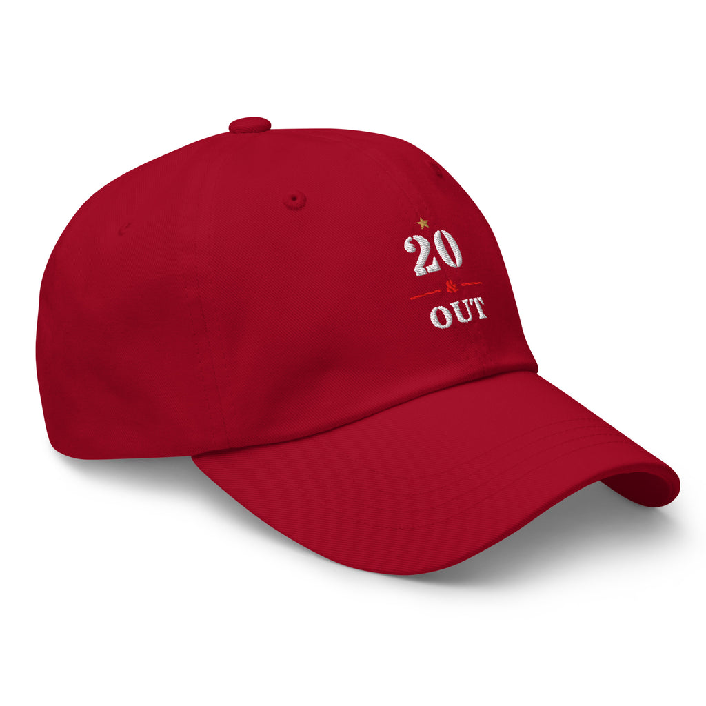 20 & Out Dark Dad hat in Cranberry, right front, Twenty & Out