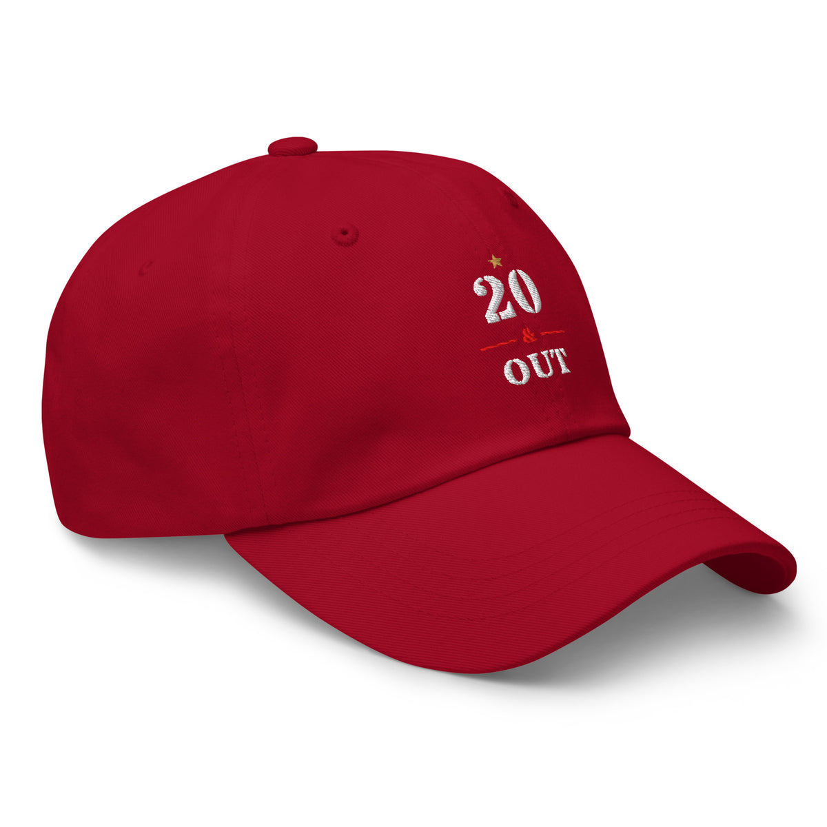 20 & Out Dark Dad hat in Cranberry, right front, Twenty & Out