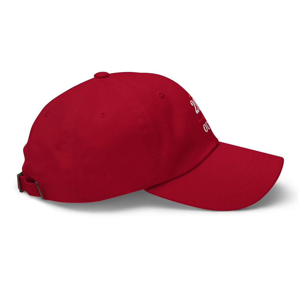 20 & Out Dark Dad hat in Cranberry, right side, Twenty & Out