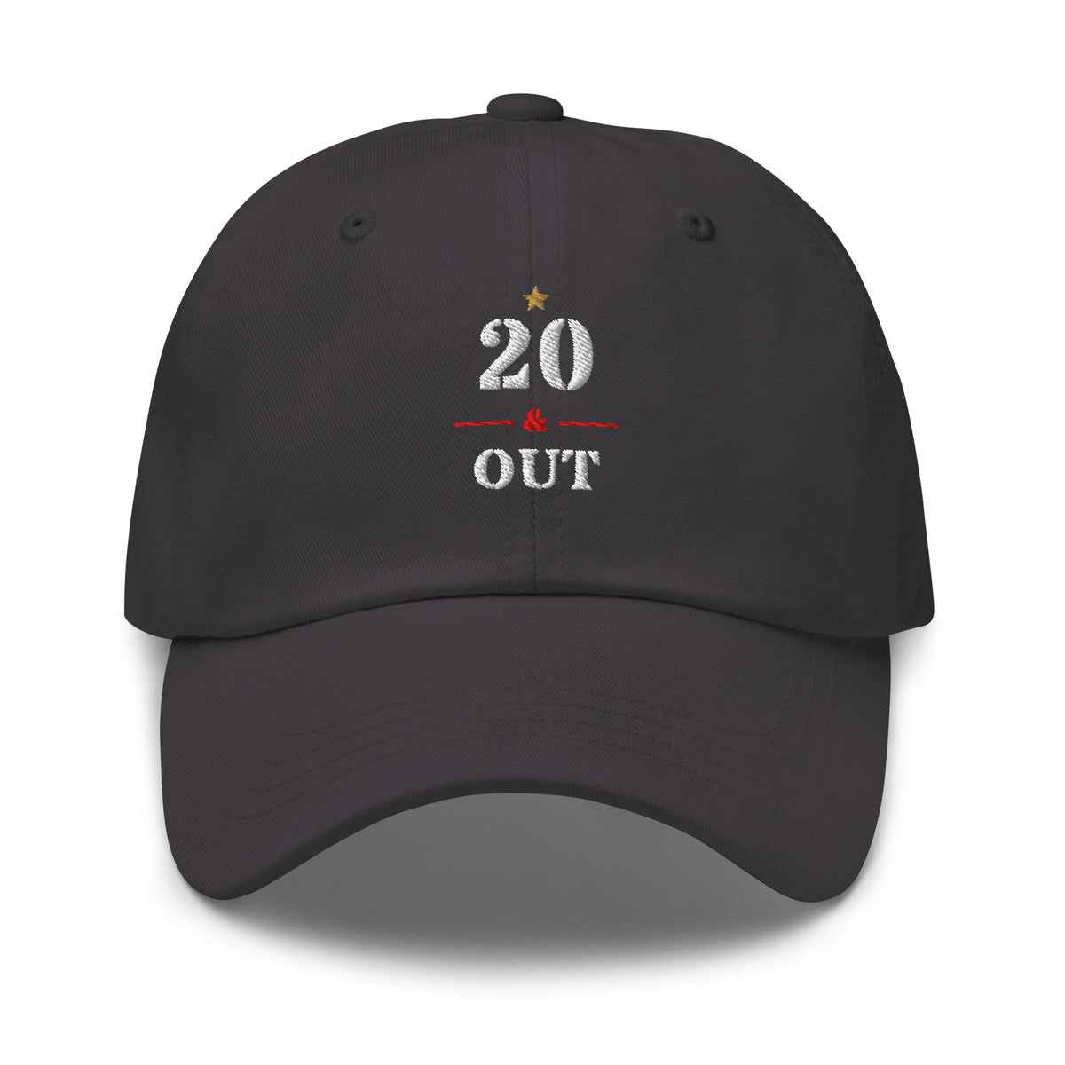 20 & Out Dark Dad hat in Dark Grey, front, Twenty & Out