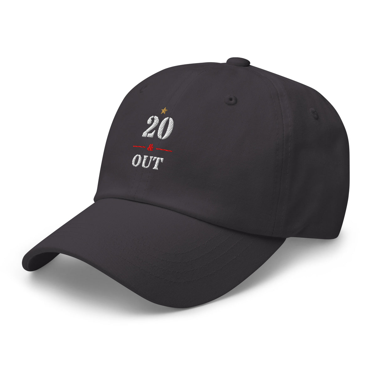 20 & Out Dark Dad hat in Dark Grey, left front, Twenty & Out