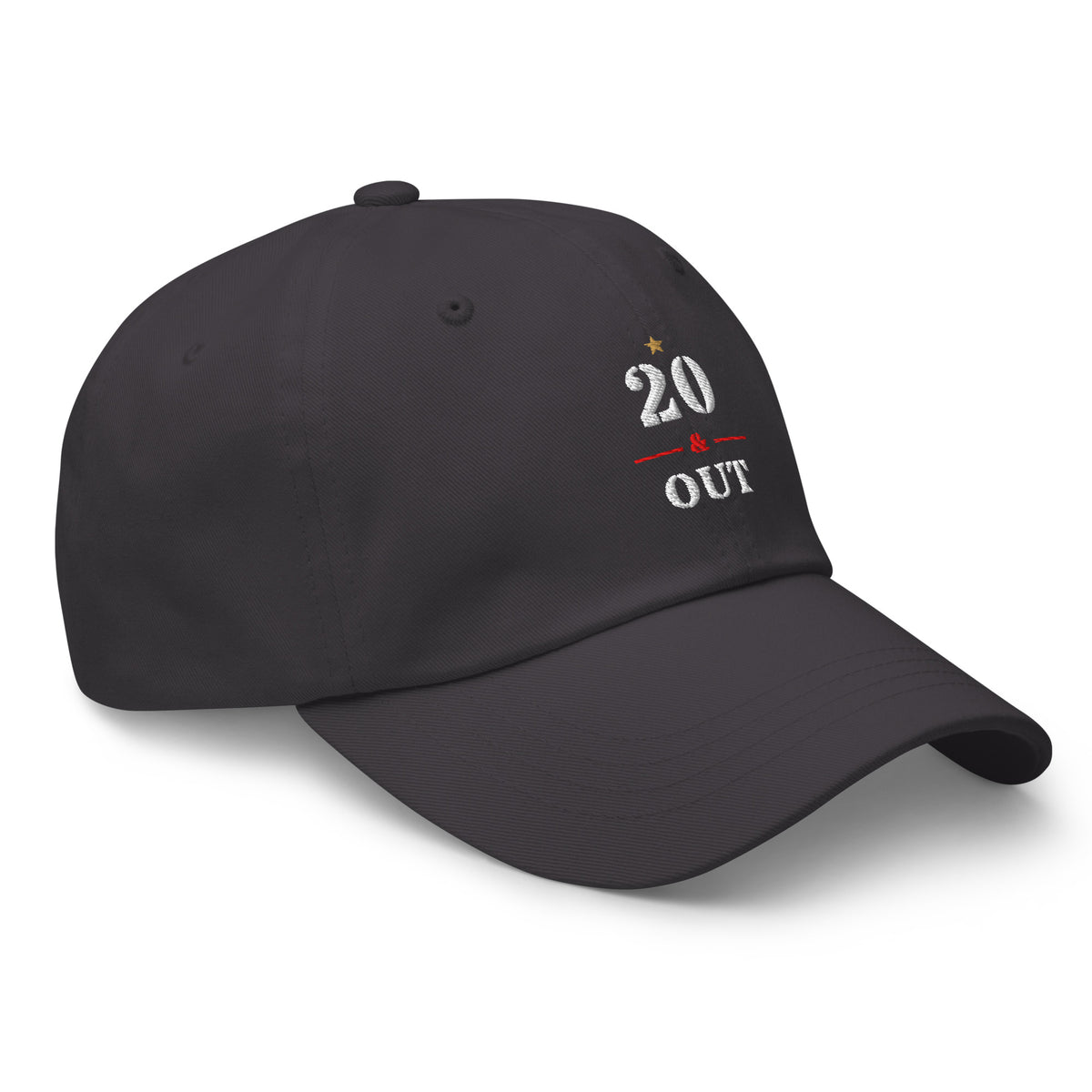 20 & Out Dark Dad hat in Dark Grey, right front, Twenty & Out