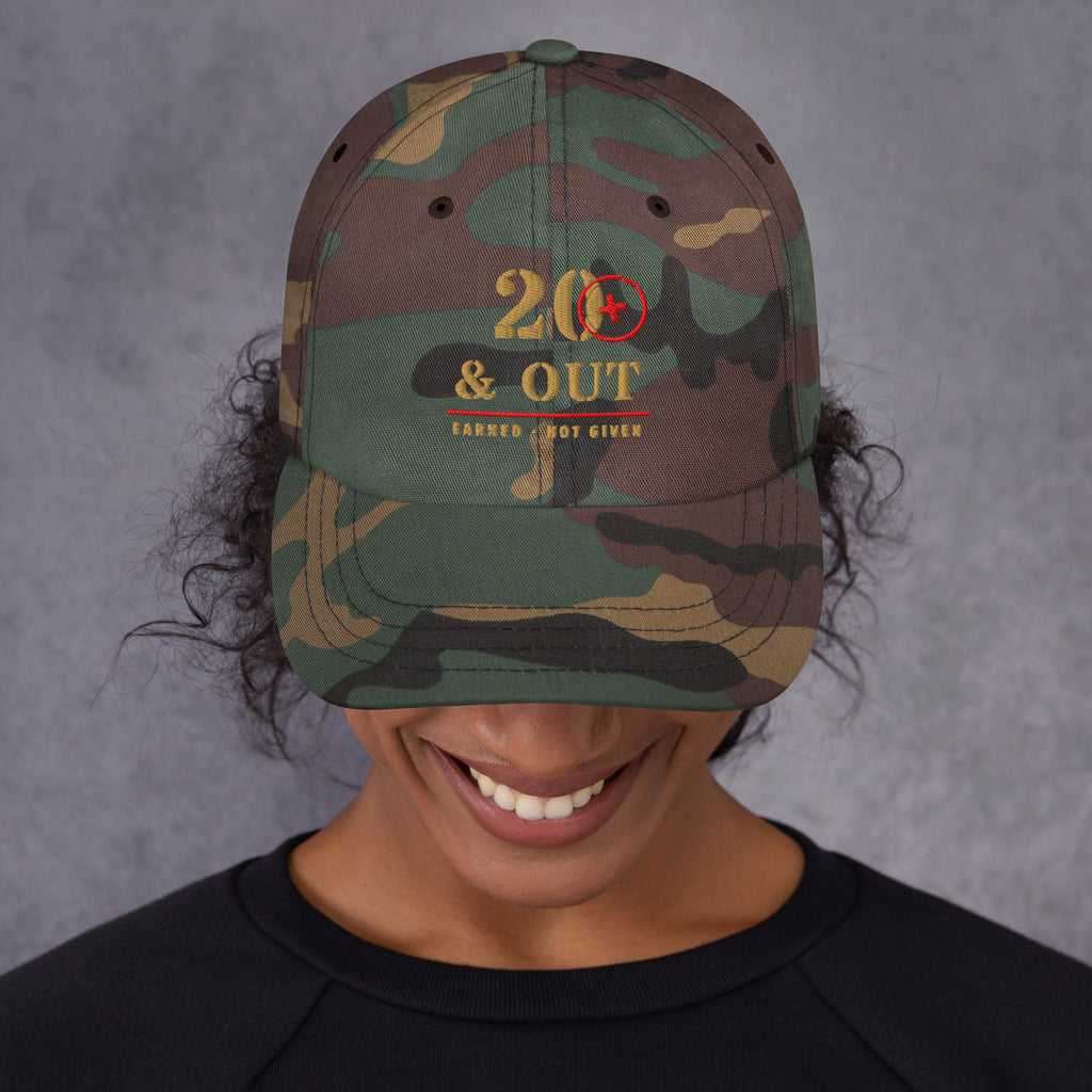 20 Plus & Out Camp Hat in Green Camo, front, Twenty & Out
