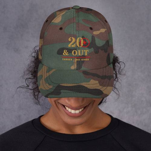 20 Plus & Out Camp Hat in Green Camo, front, Twenty & Out