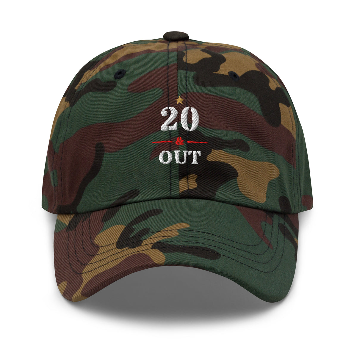 20 & Out Dark Dad hat in Green Camo, front, Twenty & Out