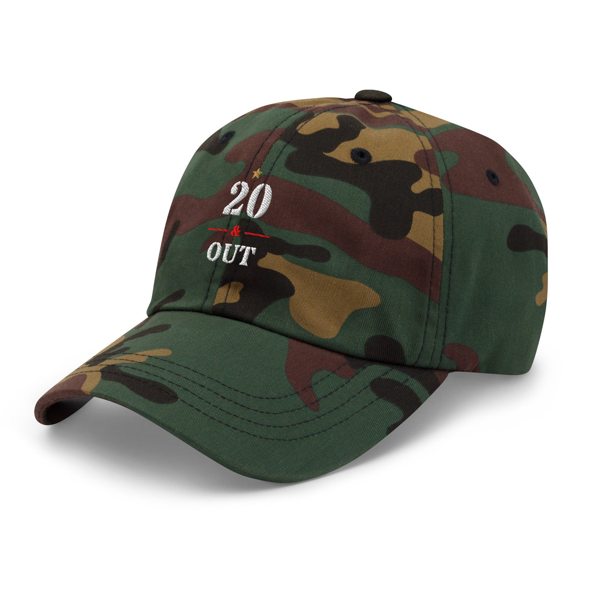 20 & Out Dark Dad hat in Green Camo, left front, Twenty & Out