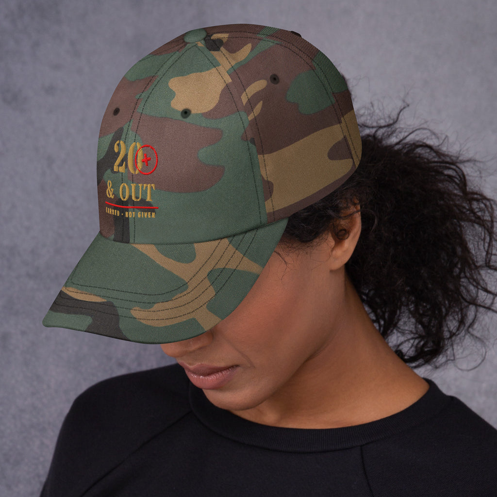 20 Plus & Out Camp Hat in Green Camo, left side, Twenty & Out