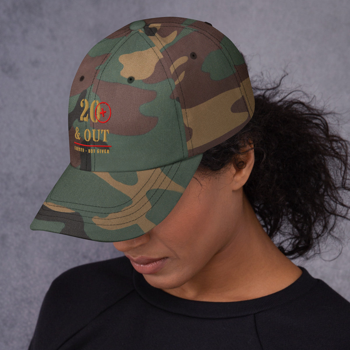 20 Plus & Out Camp Hat in Green Camo, left side, Twenty & Out