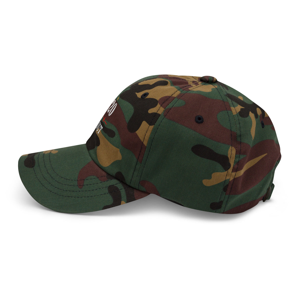 20 & Out Dark Dad hat in Green Camo, left side, Twenty & Out