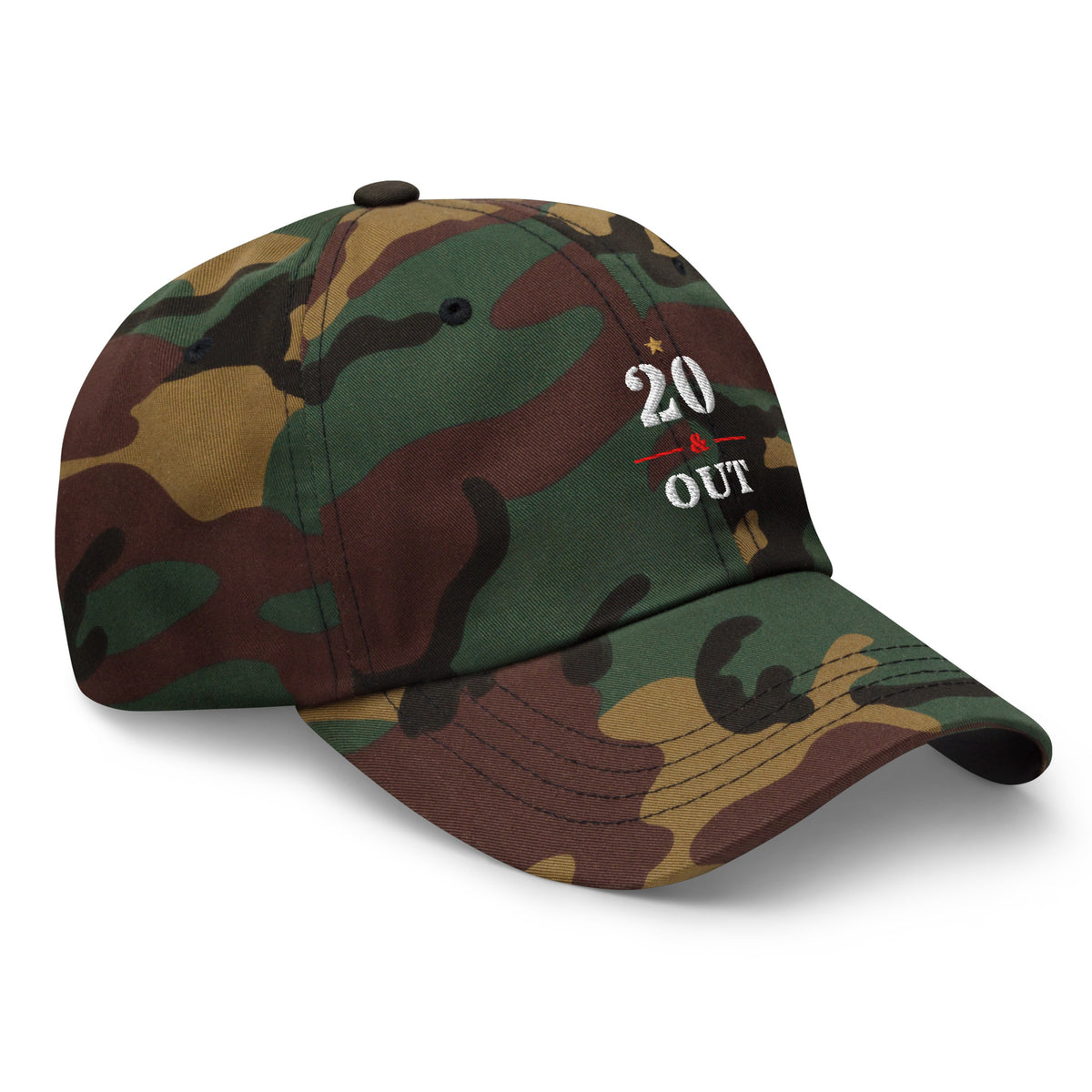20 & Out Dark Dad hat in Green Camo, right front, Twenty & Out