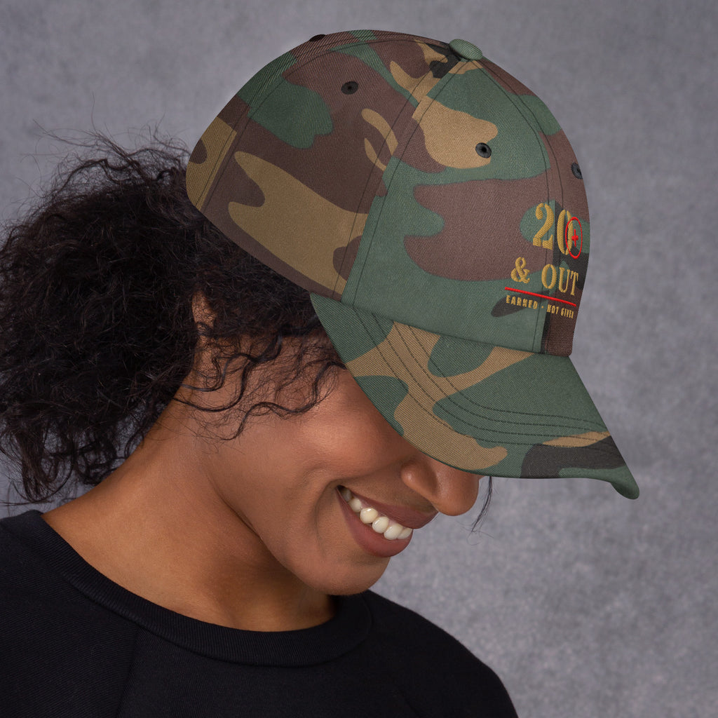 20 Plus & Out Camp Hat in Green Camo, right side, Twenty & Out