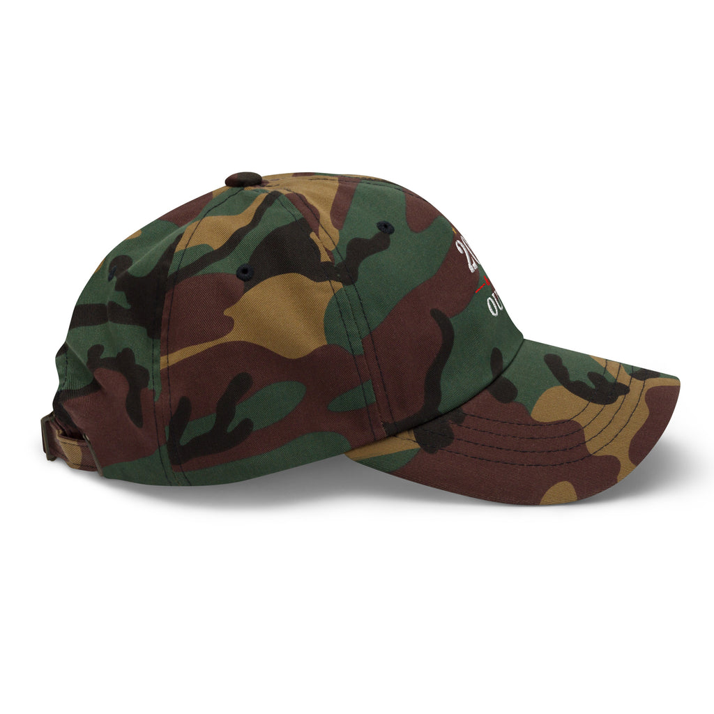 20 & Out Dark Dad hat in Green Camo, right side, Twenty & Out