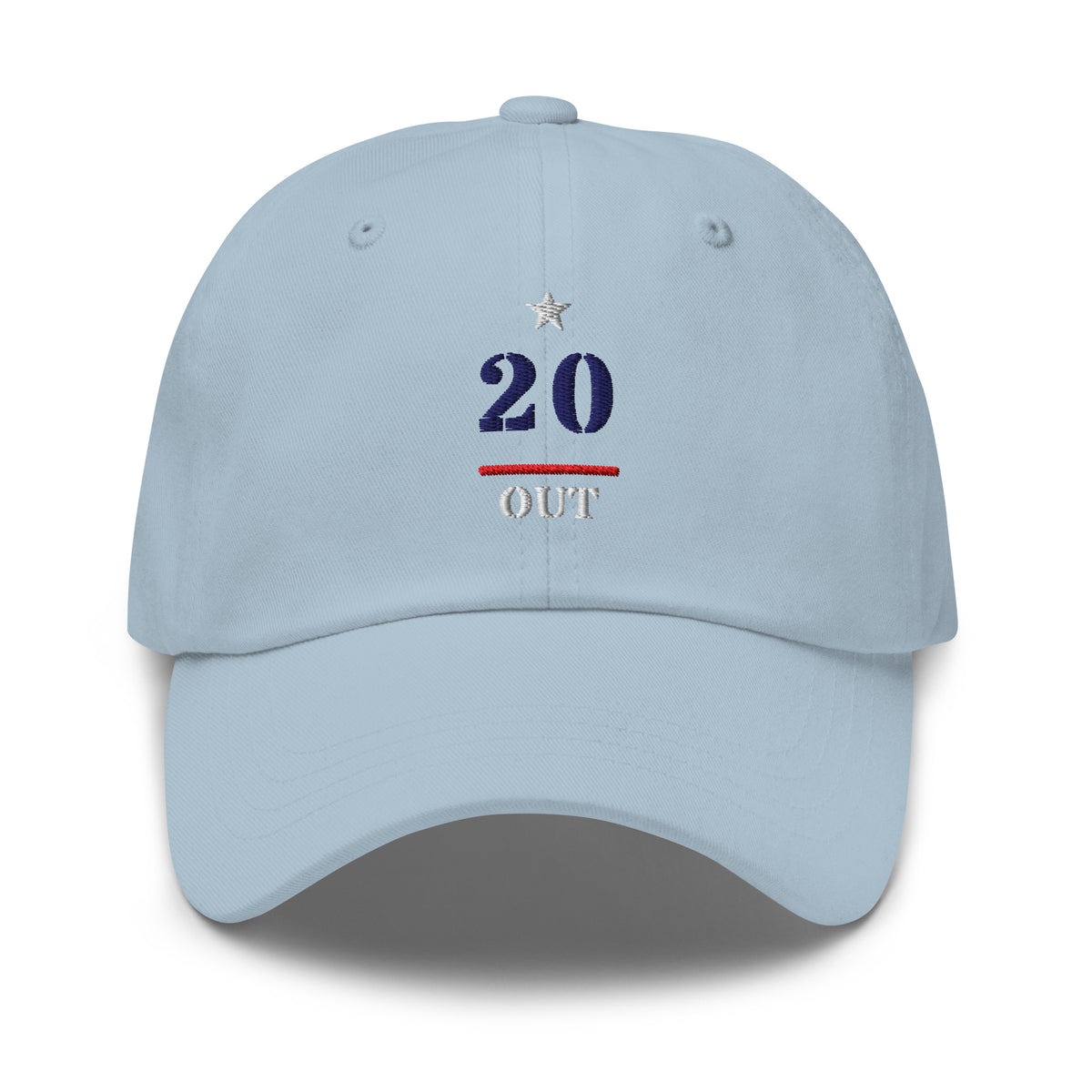 20 & Out Light Dad hat in Light Blue, front, Twenty & Out