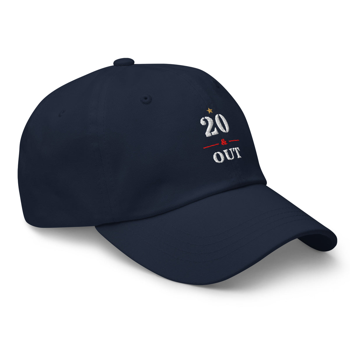 20 & Out Dark Dad hat in Navy, right front, Twenty & Out