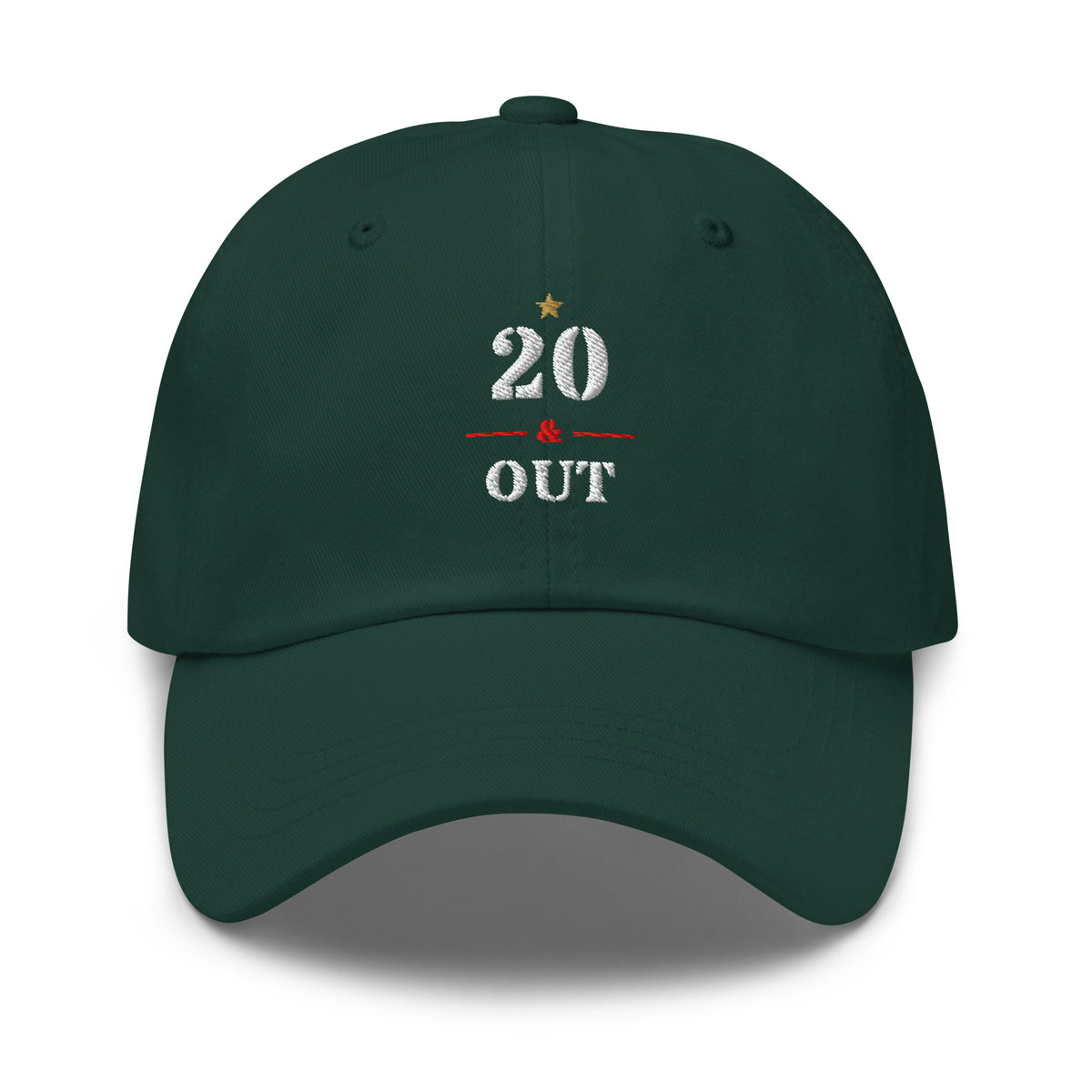 20 & Out Dark Dad hat in Spruce, front, Twenty & Out