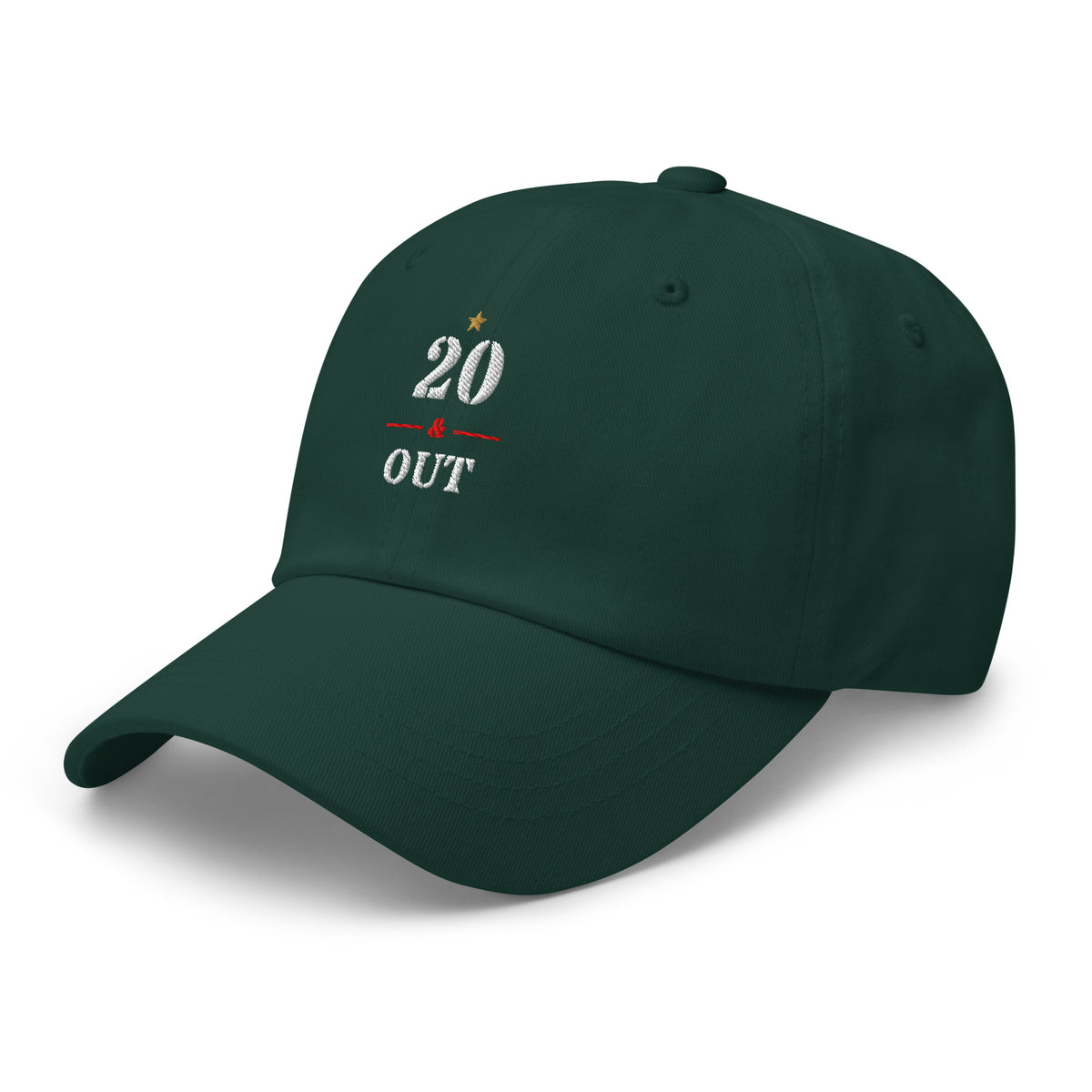 20 & Out Dark Dad hat in Spruce, left front, Twenty & Out