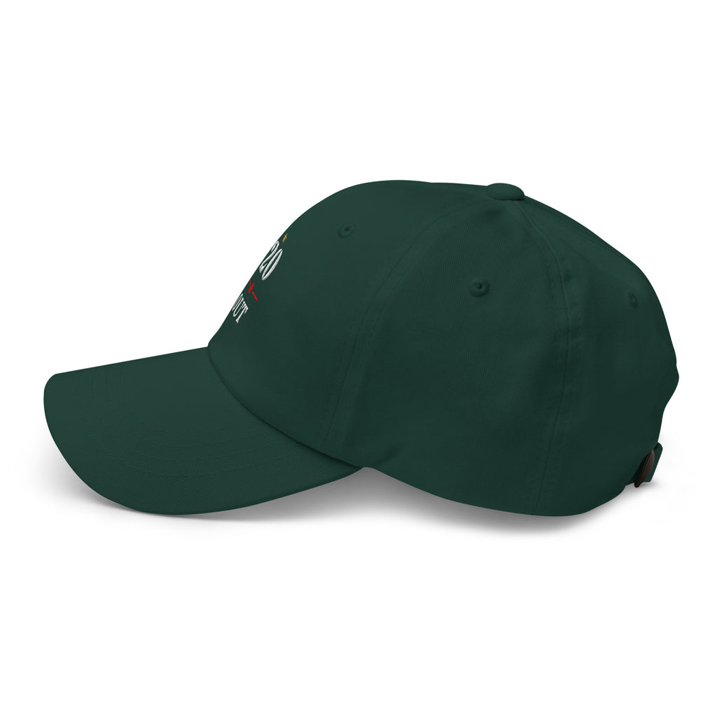 20 & Out Dark Dad hat in Spruce, left side, Twenty & Out