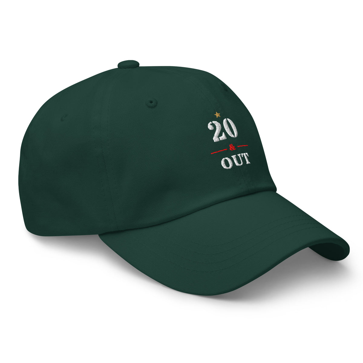 20 & Out Dark Dad hat in Spruce, right front, Twenty & Out