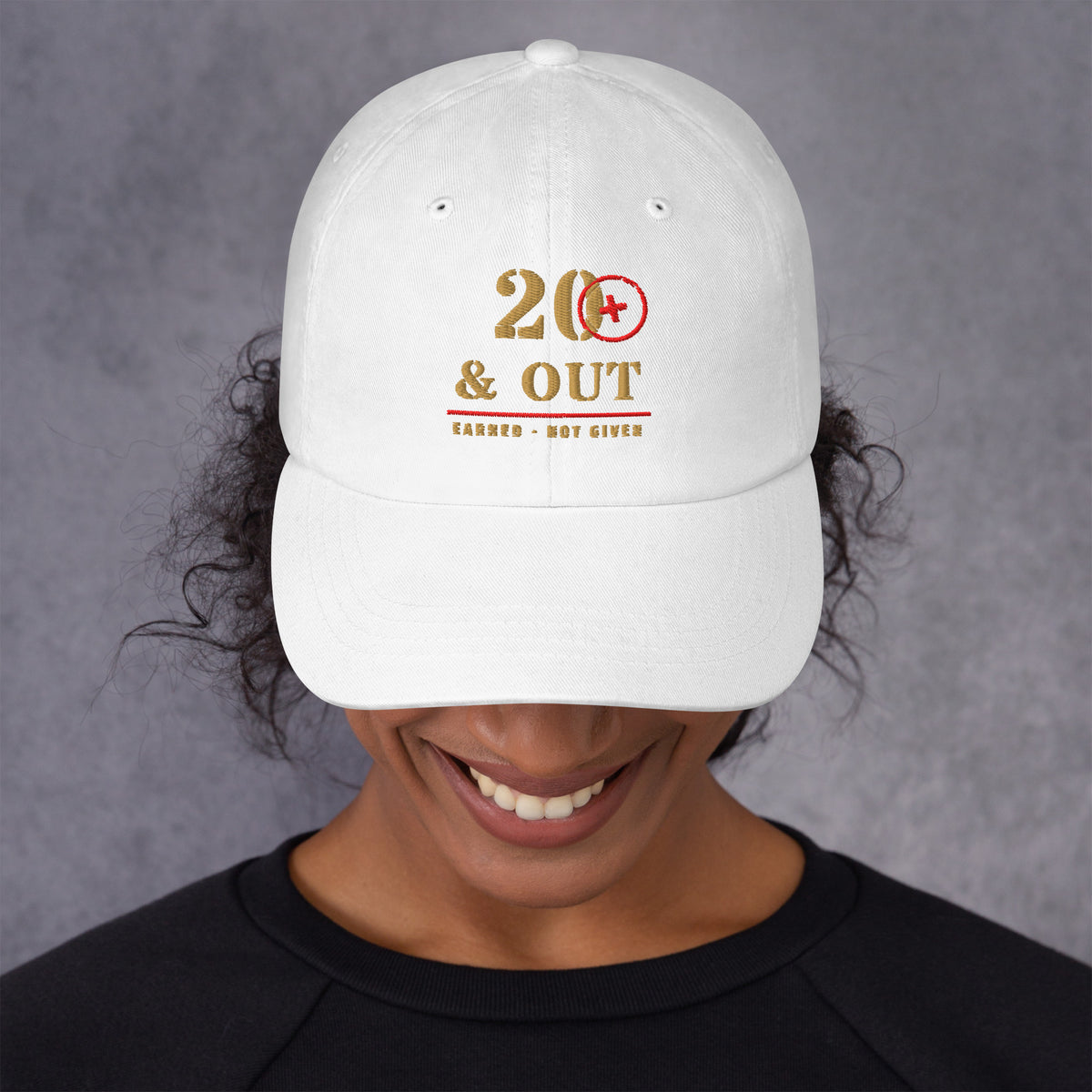 20 Plus & Out Camp Hat in White, front, Twenty & Out