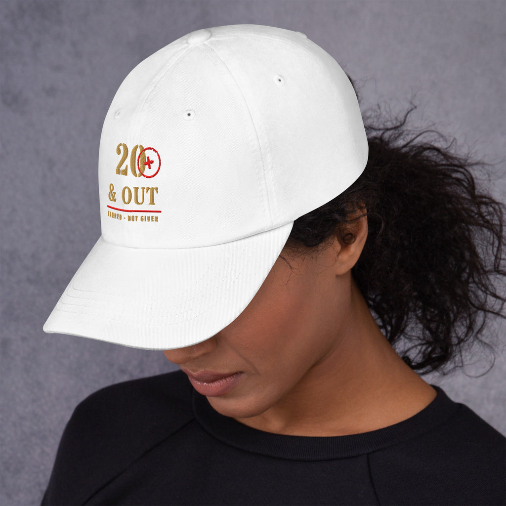 20 Plus & Out Camp Hat in White, left side, Twenty & Out