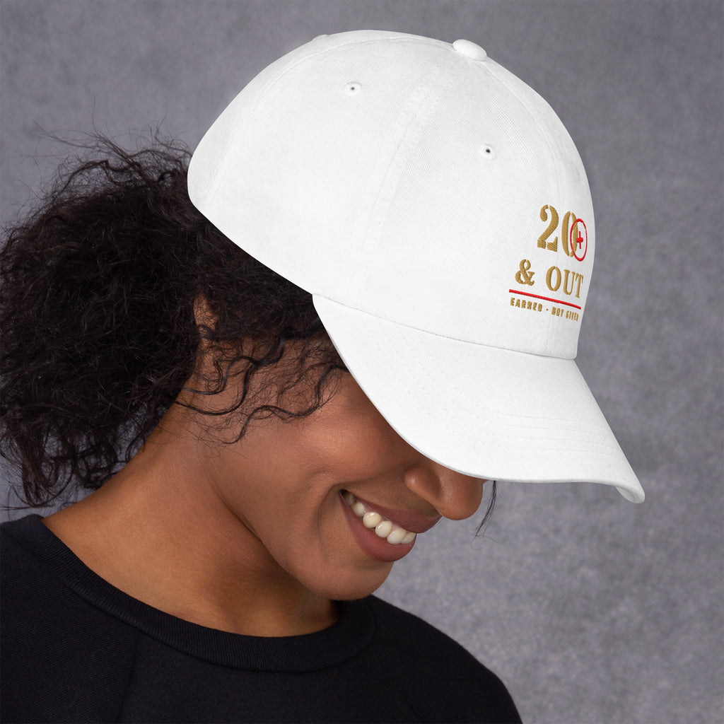 20 Plus & Out Camp Hat in White, right side, Twenty & Out