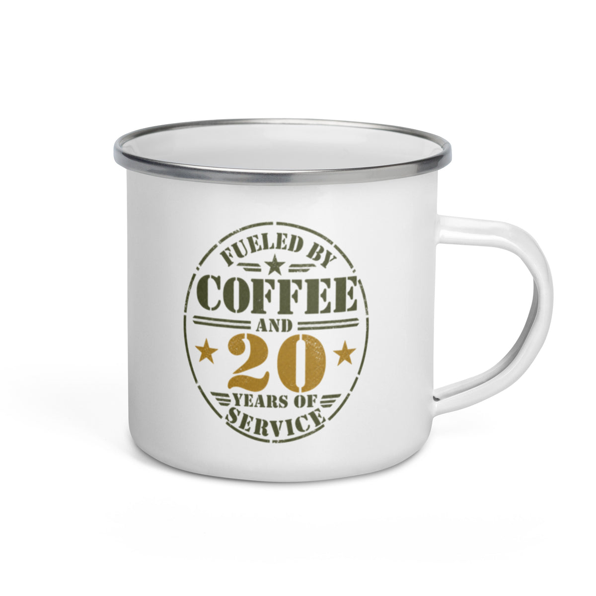 Fueled By 20 Years of Service Enamel Mug, right, Twenty & Out
