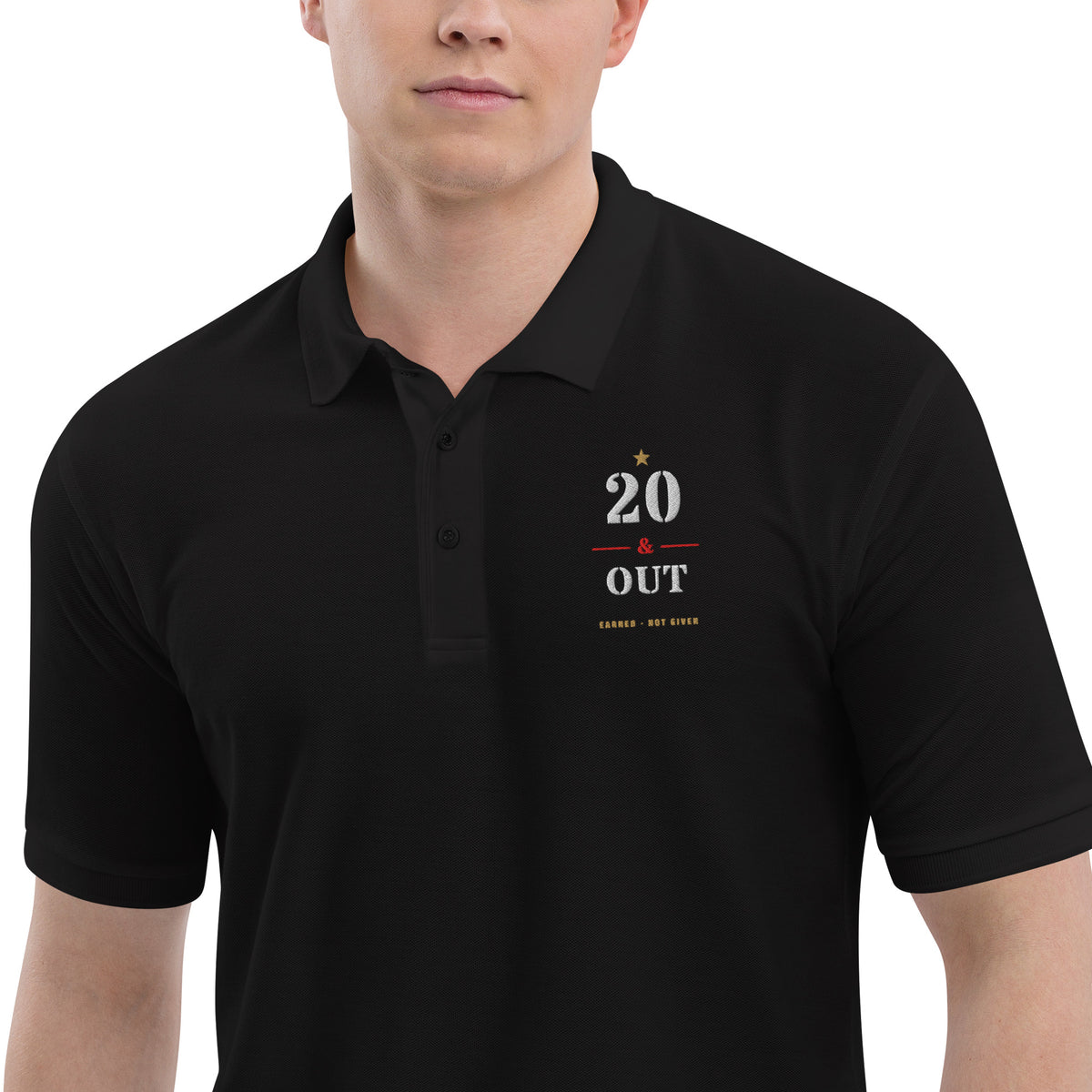 20 Plus & Out Polo, Dark in Black Zoomed In, Twenty & Out
