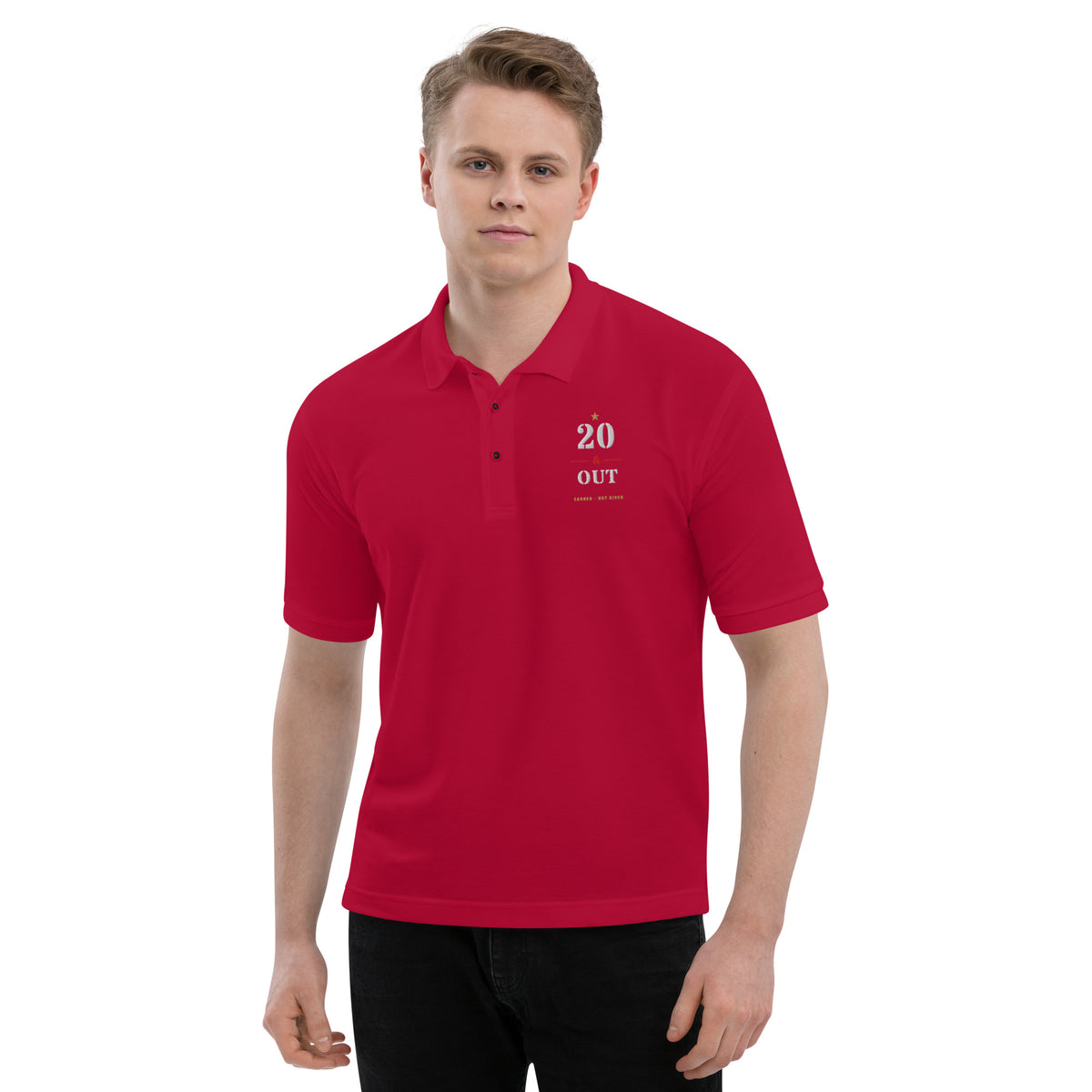 20 Plus & Out Polo, Dark in Red, front, Twenty & Out