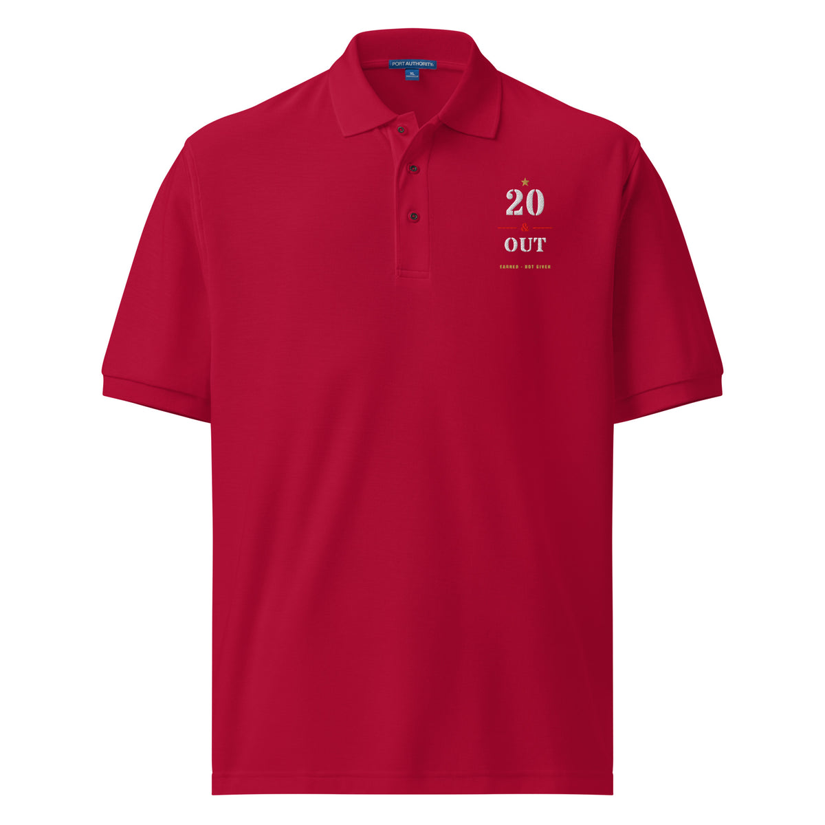20 Plus & Out Polo, Dark in Red, front, Twenty & Out