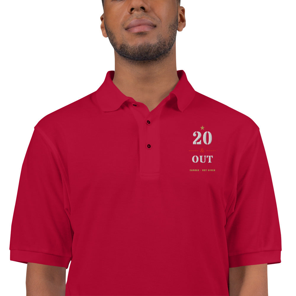 20 Plus & Out Polo, Dark in Red Zoomed In, Twenty & Out