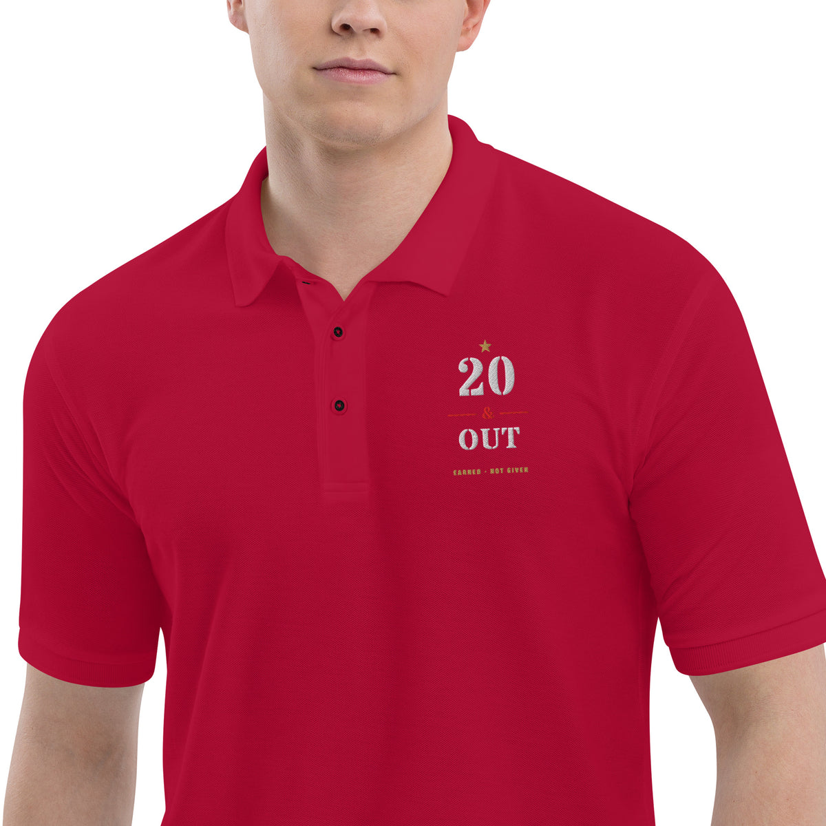 20 Plus & Out Polo, Dark in Red Zoomed In, Twenty & Out