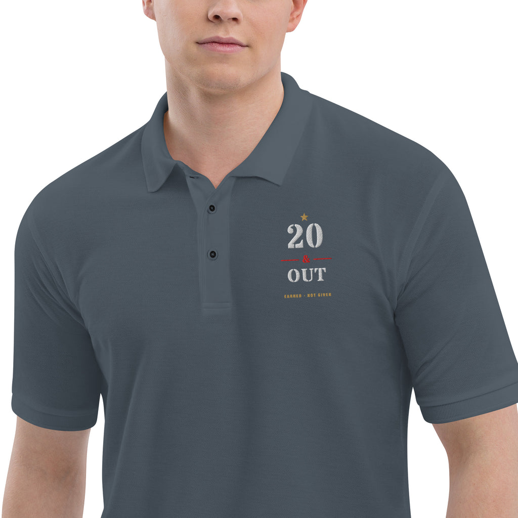 20 Plus & Out Polo, Dark in Steel Grey Zoomed In, Twenty & Out