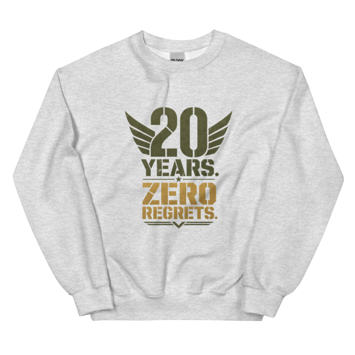 20 Years Zero Regrets Crew Neck Sweatshirt in Ash, front, Twenty & Out