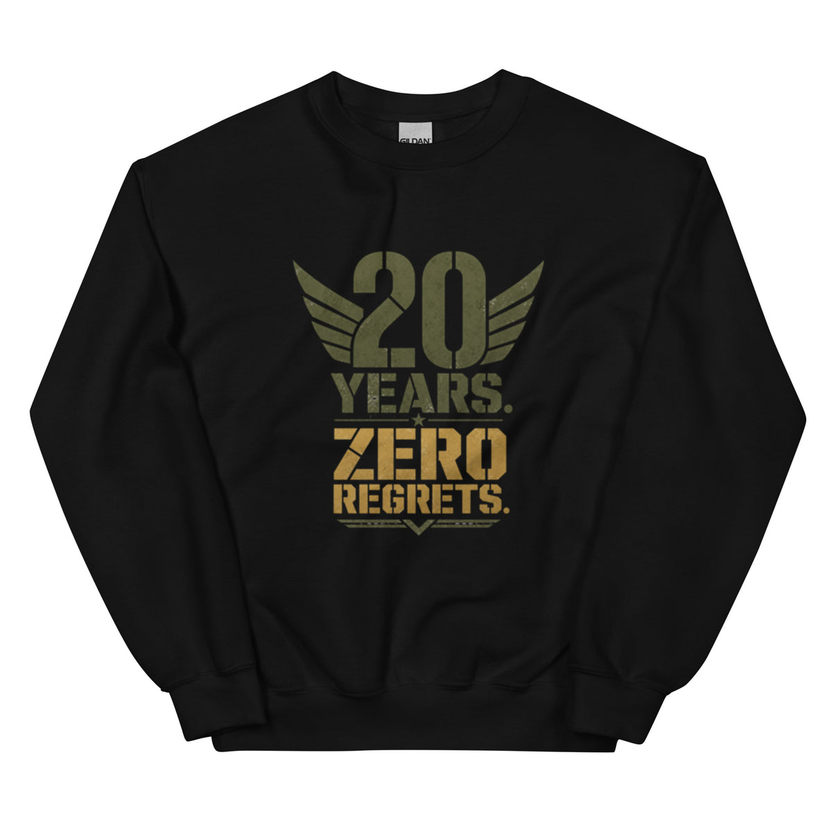 20 Years Zero Regrets Crew Neck Sweatshirt in Black, front, Twenty & Out