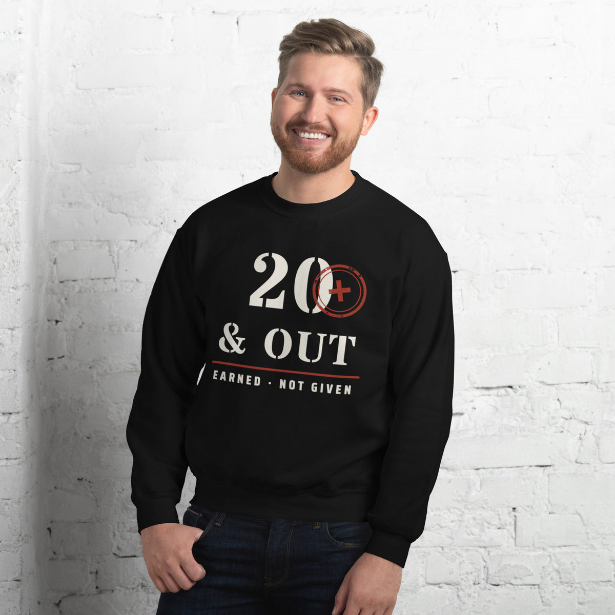 20 Plus & Out Crew Neck Sweatshirt in Black, front, Twenty & Out