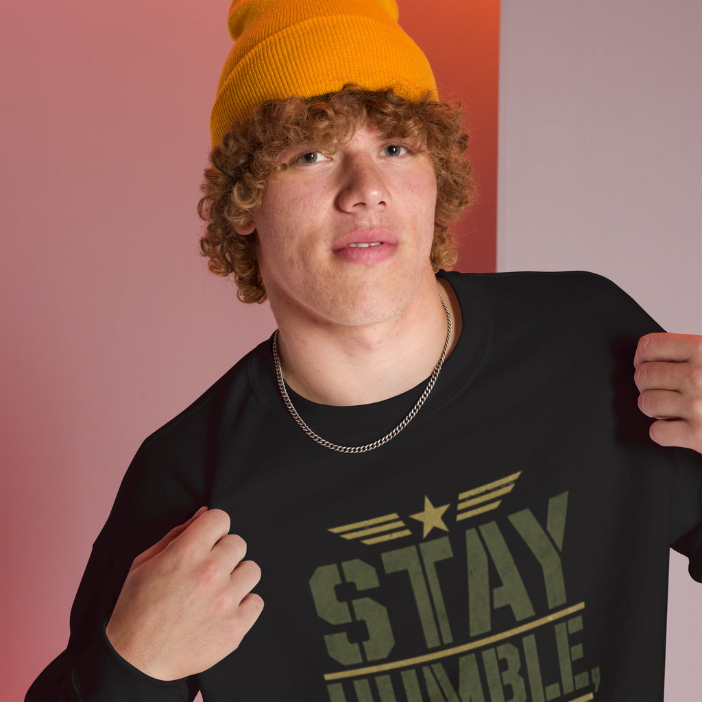 Stay Humble, Serve Hard Crew Neck Sweatshirt in Black, right front, Twenty & Out