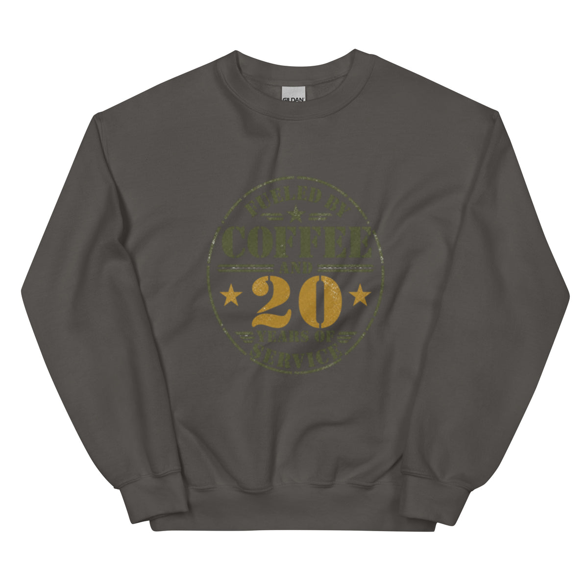 Fueled By 20 Years of Service Crew Neck Sweatshirt in Charcoal, front, Twenty & Out