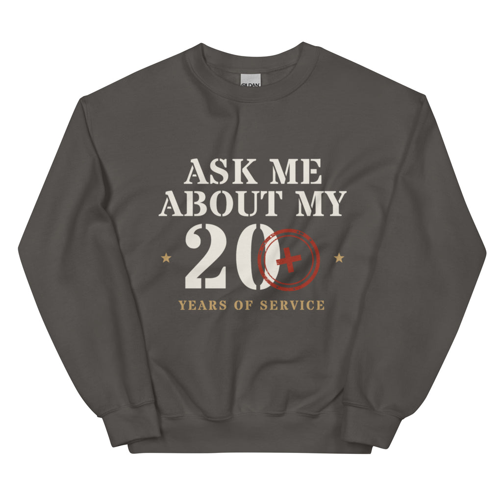 Ask Me About My 20+ Crewneck Sweatshirt in Charcoal, front, Twenty & Out