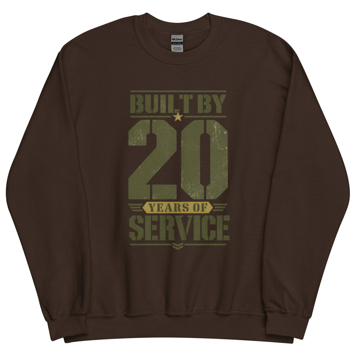 Built By 20 Years of Service Crew Neck Sweatshirt in Dark Chocolate, front, Twenty & Out