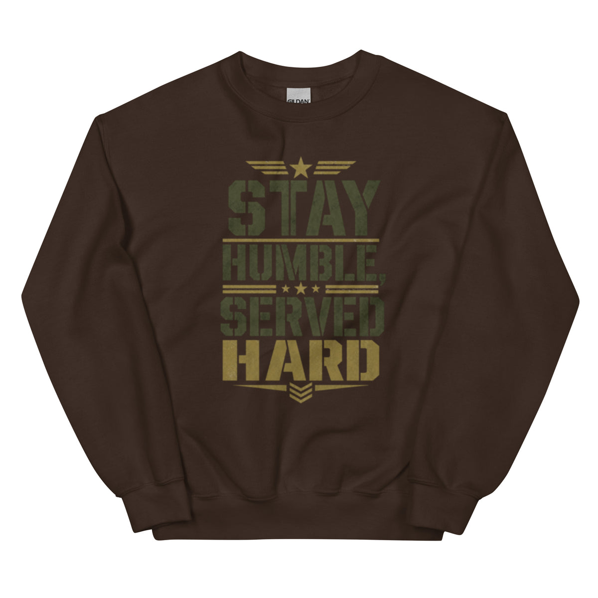 Stay Humble, Serve Hard Crew Neck Sweatshirt in Dark Chocolate, front, Twenty & Out