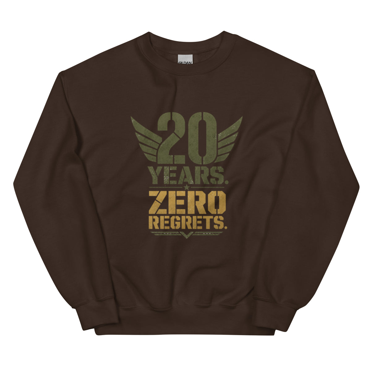20 Years Zero Regrets Crew Neck Sweatshirt in Dark Chocolate, front, Twenty & Out